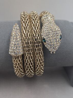 Gold Tone Snake Serpent Bracelet Rhinestone Mesh Statement Cuff | 1328